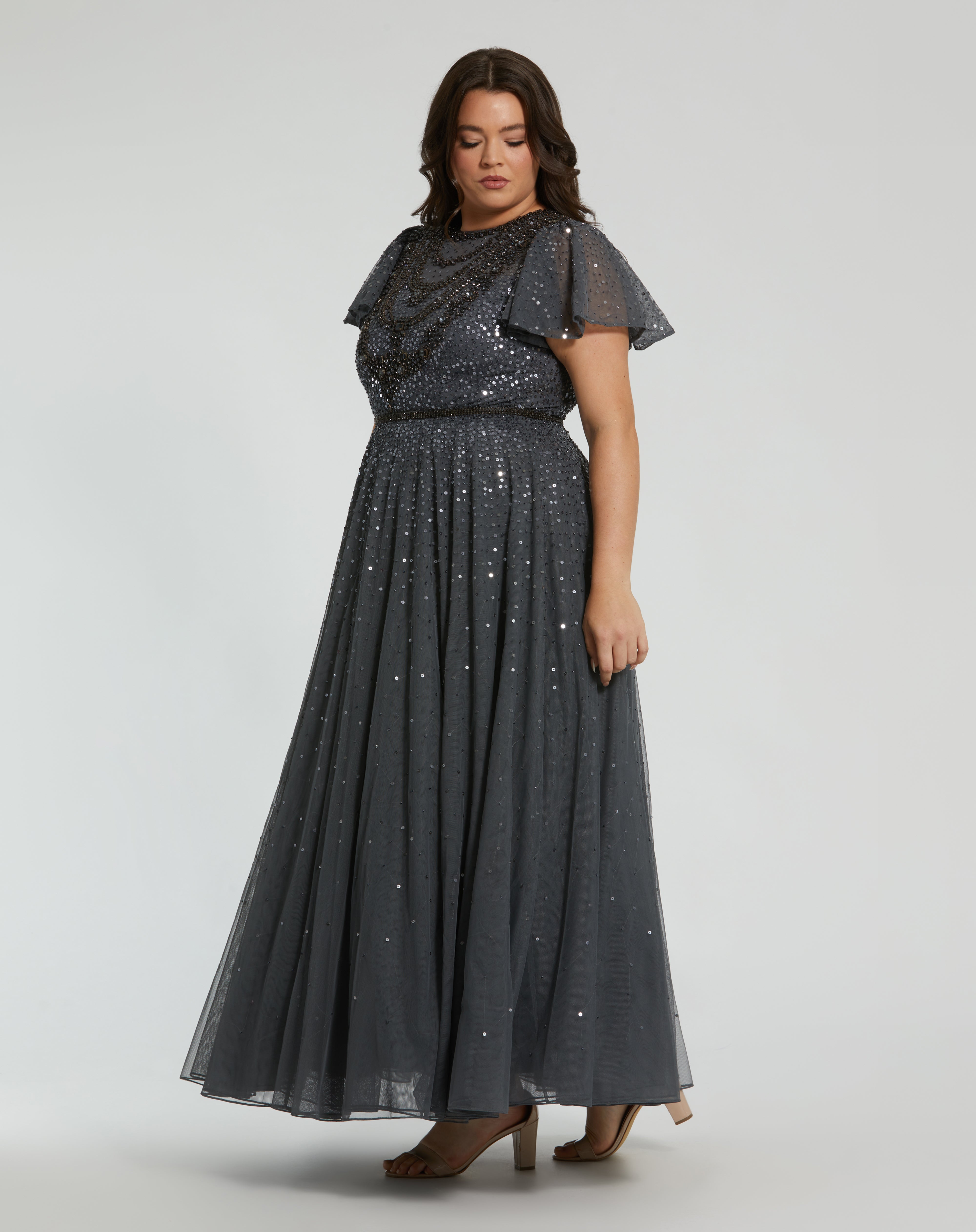 BEADED FLUTTER SLEEVE A-LINE DRESS DARK GREY SALE