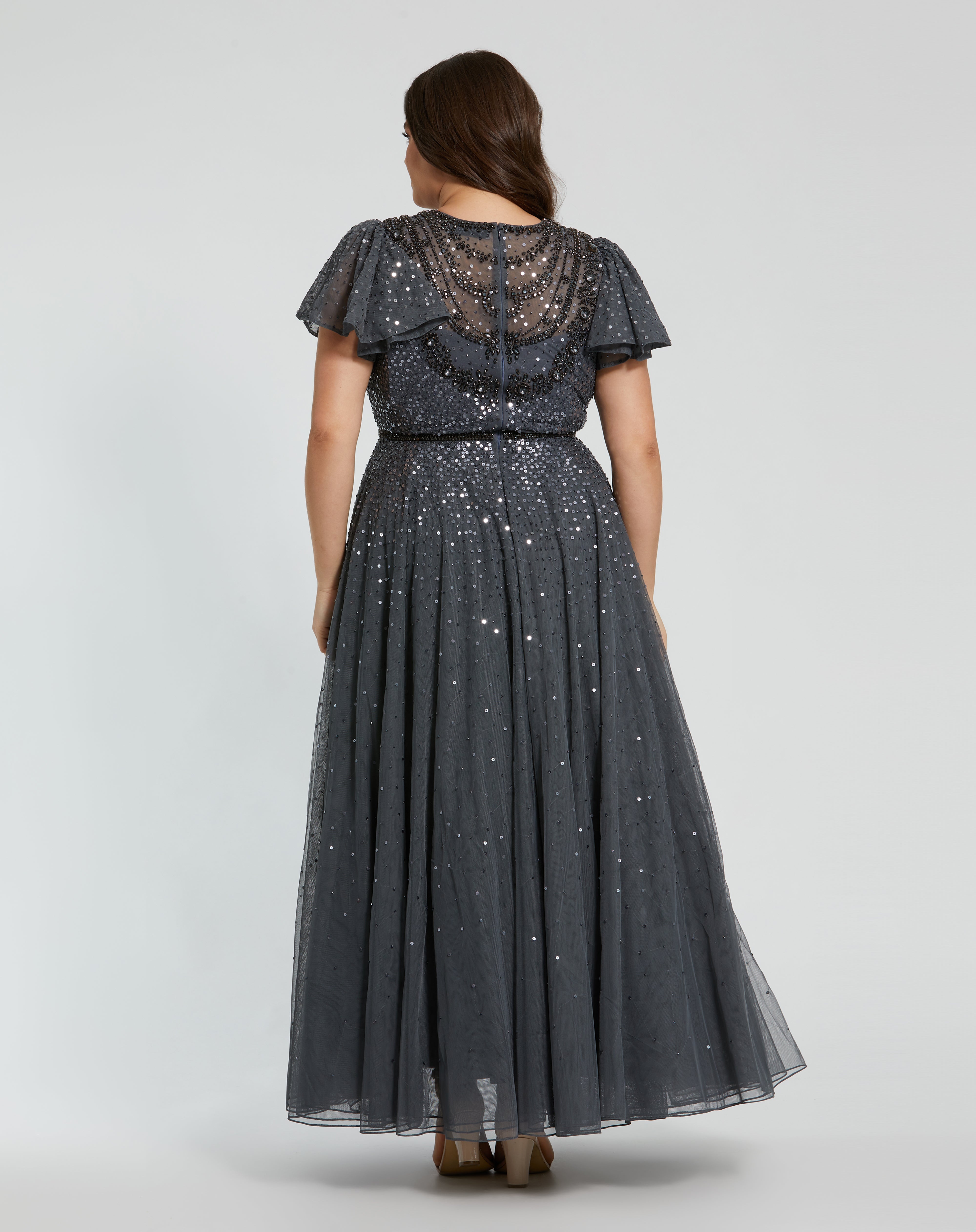 BEADED FLUTTER SLEEVE A-LINE DRESS DARK GREY SALE