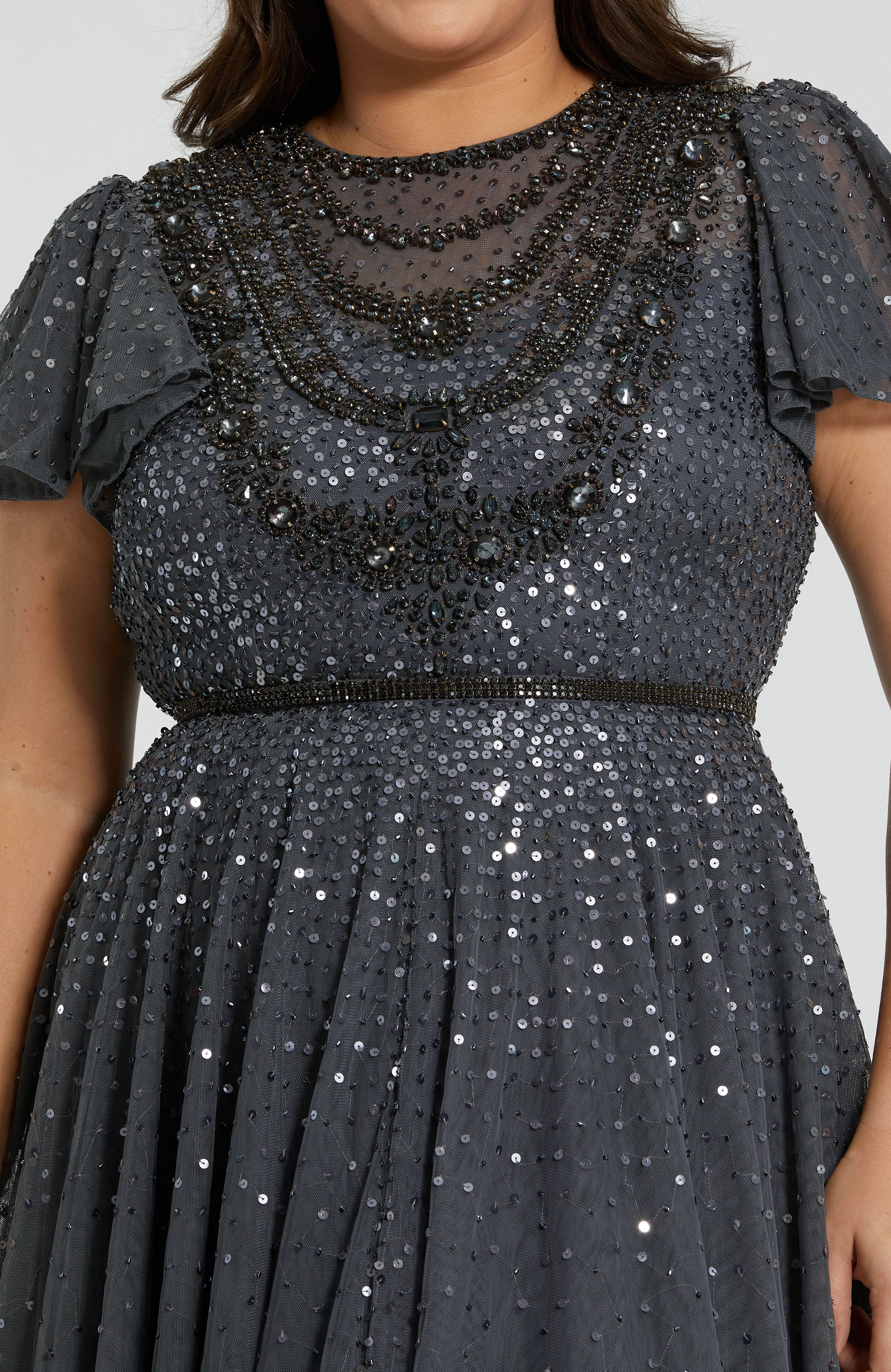 BEADED FLUTTER SLEEVE A-LINE DRESS DARK GREY SALE