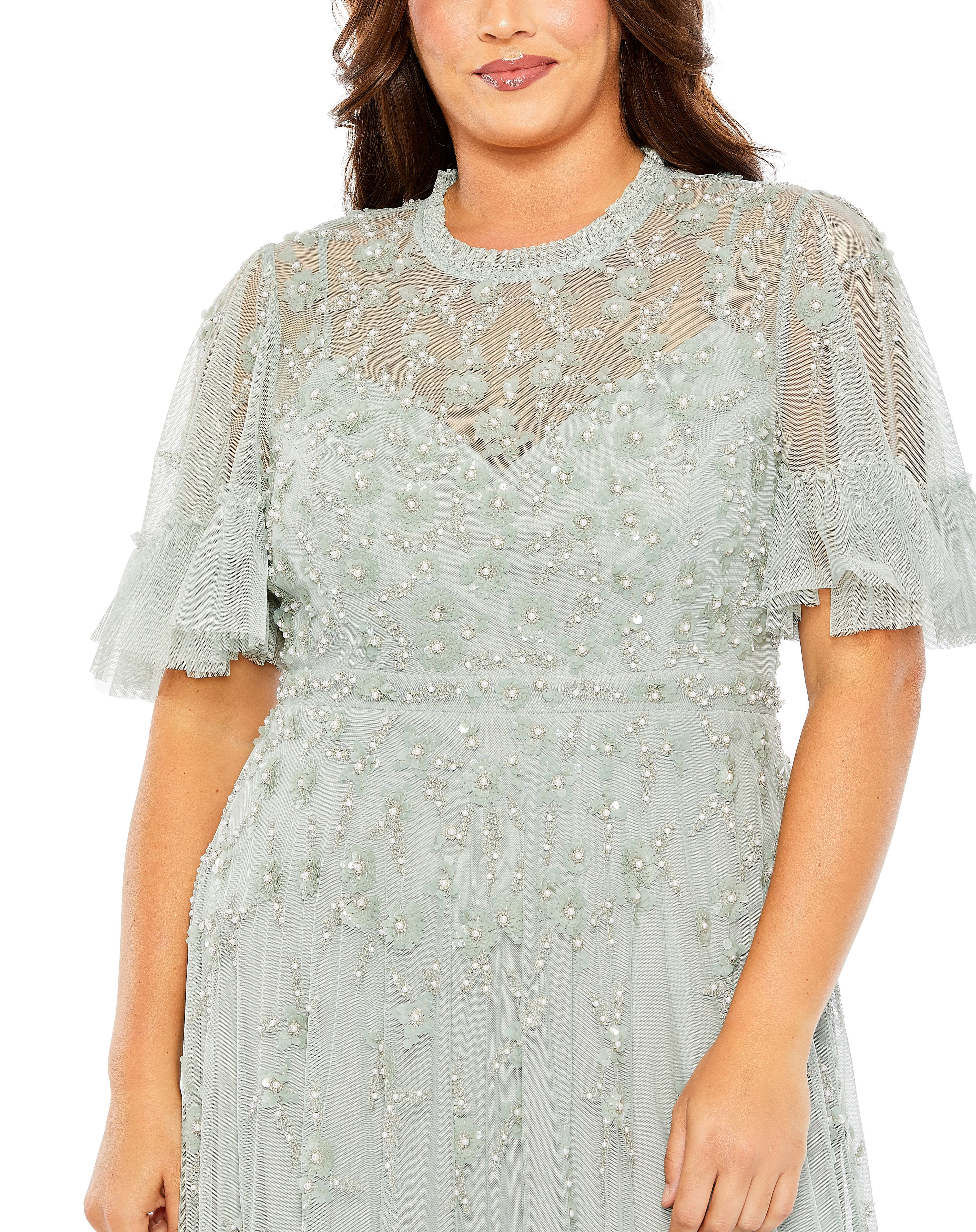 RUFFLERED FLORAL EMBELLISHED FLUTTER SLEEVE A LINE