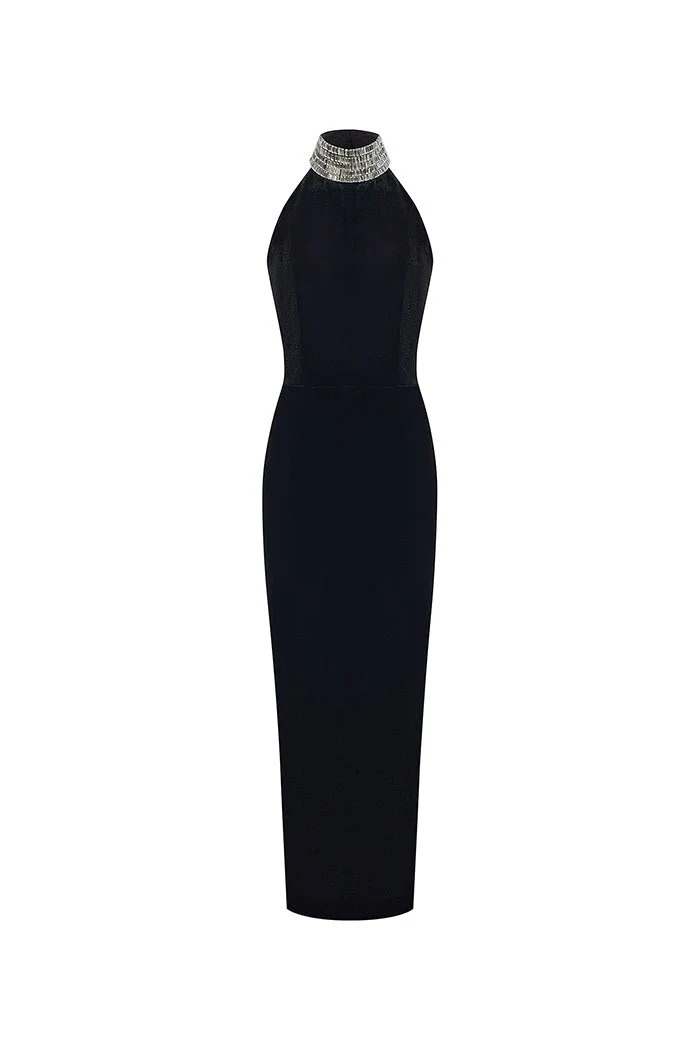 VELVET MAXI DRESS WITH A CRYSTAL EMBELLISHED NECK