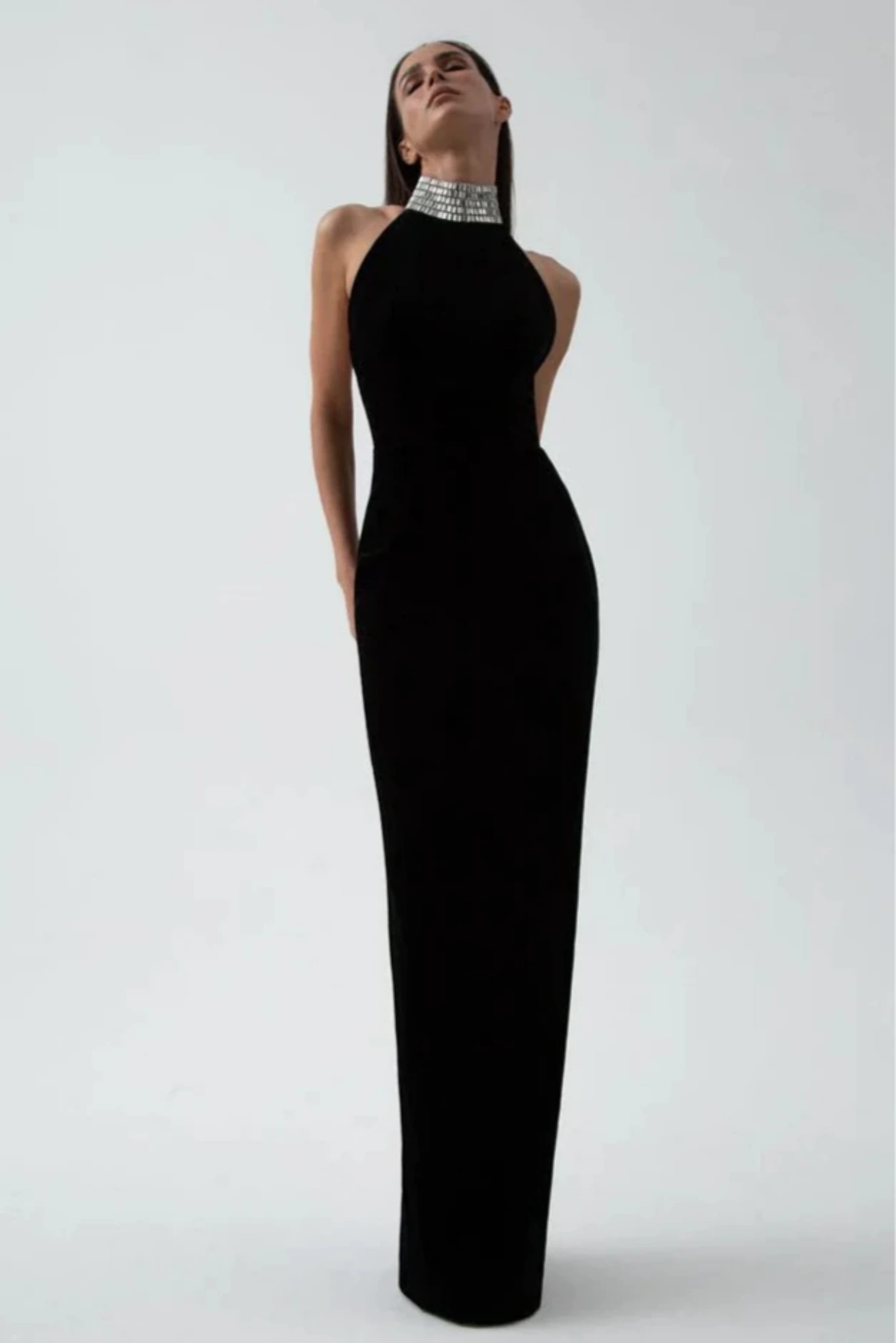 VELVET MAXI DRESS WITH A CRYSTAL EMBELLISHED NECK Rasario