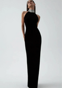 VELVET MAXI DRESS WITH A CRYSTAL EMBELLISHED NECK