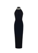 VELVET MAXI DRESS WITH A CRYSTAL EMBELLISHED NECK