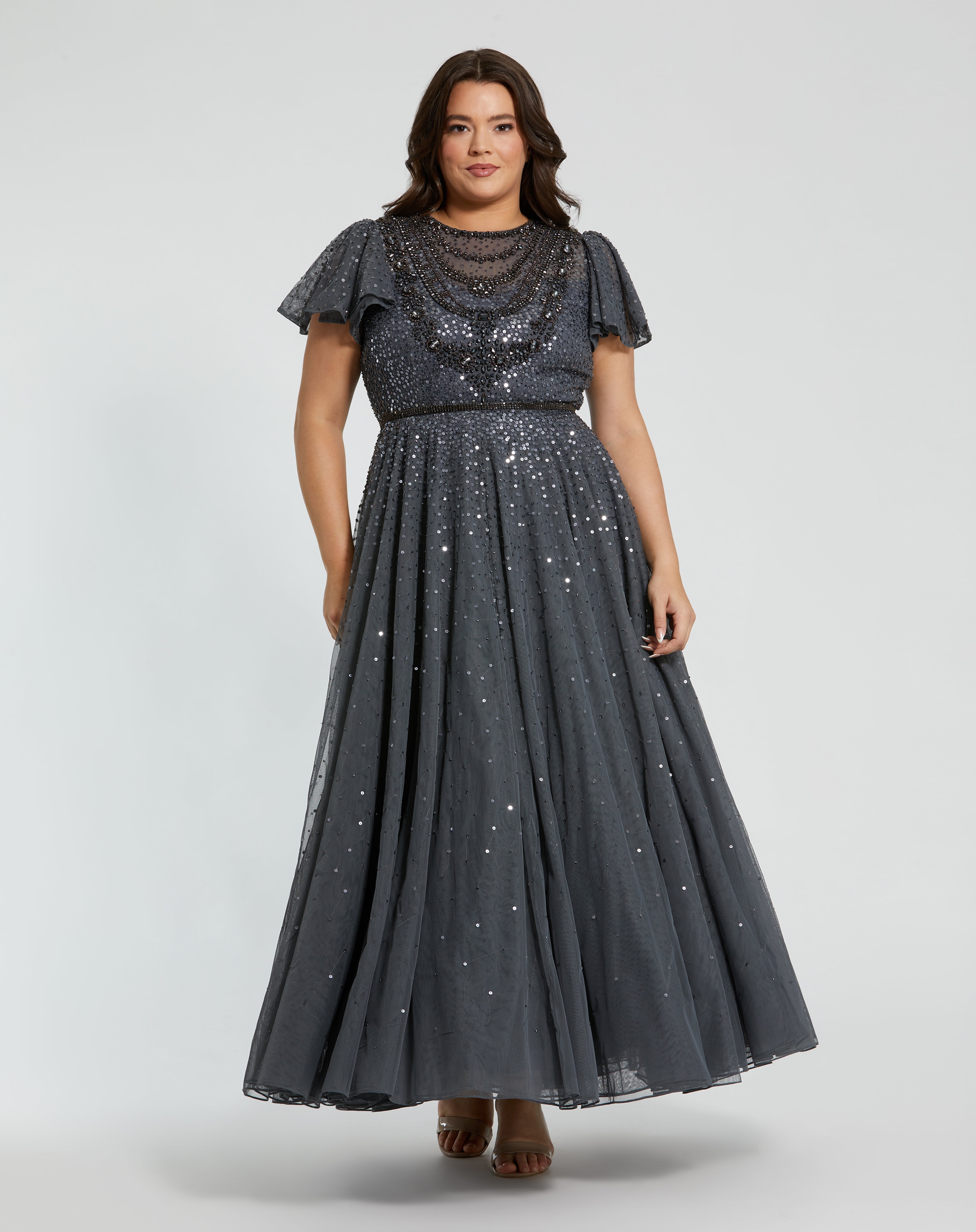 BEADED FLUTTER SLEEVE A-LINE DRESS DARK GREY