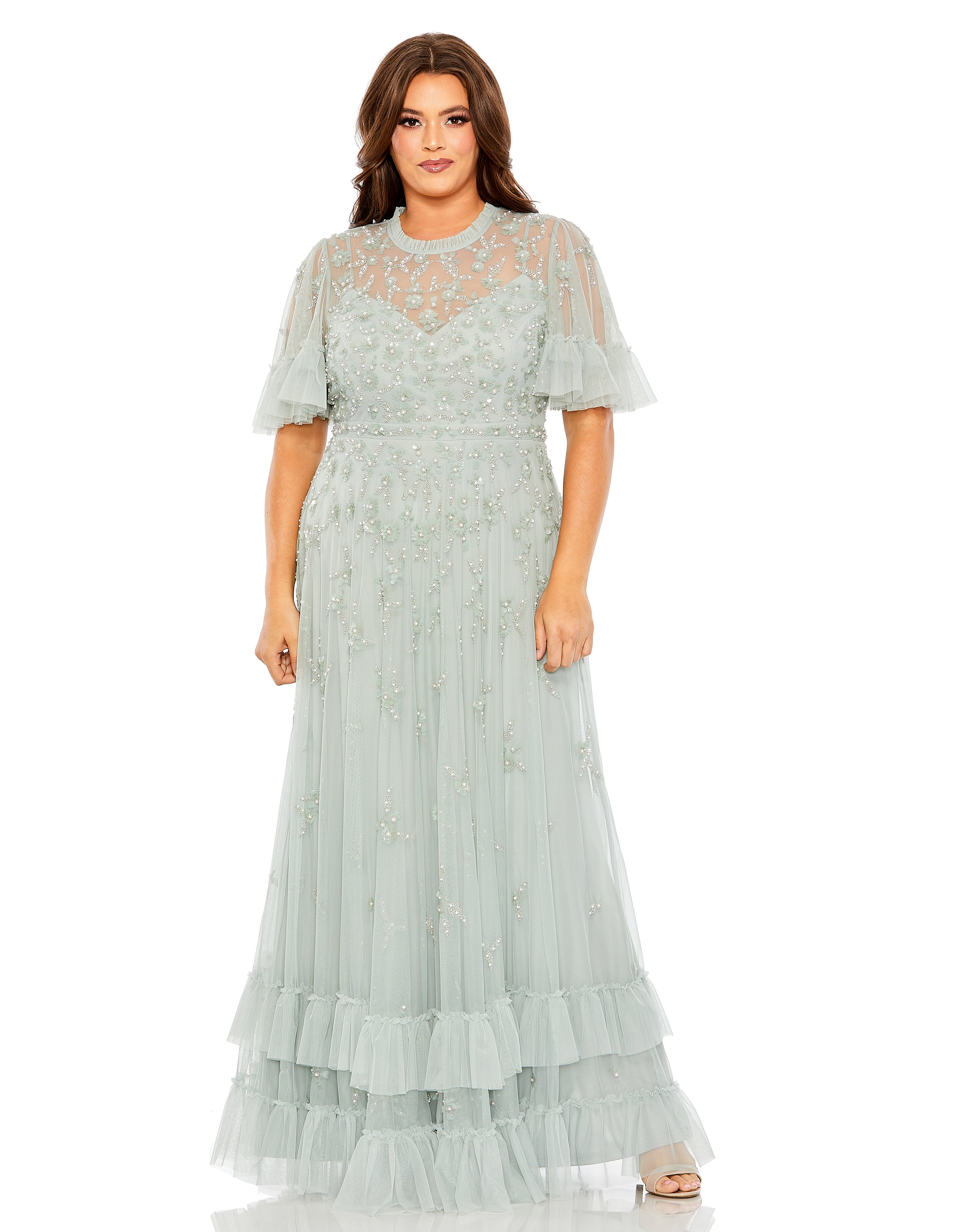Rufflered Floral Embellished Flutter Sleeve A Line