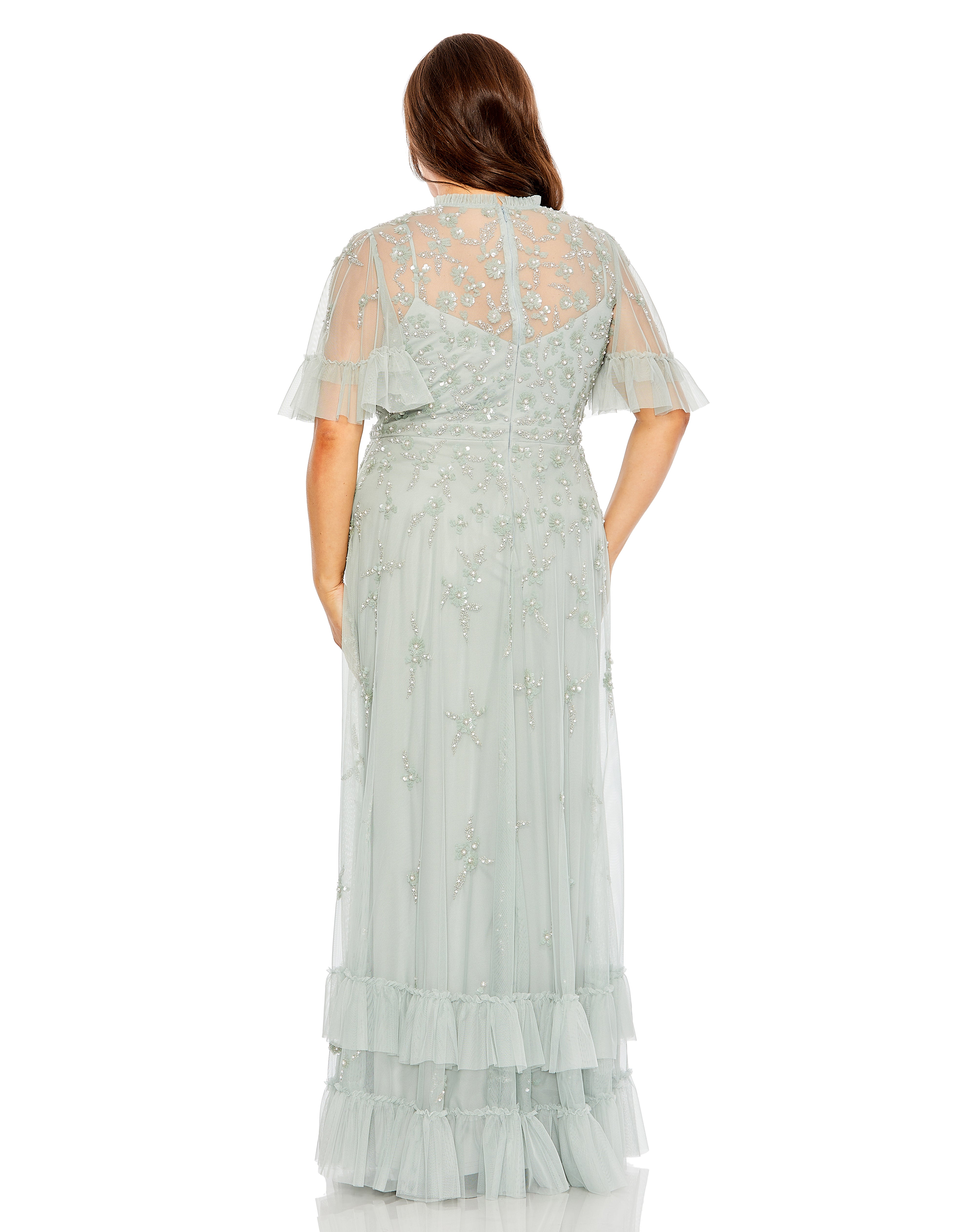 Rufflered Floral Embellished Flutter Sleeve A Line