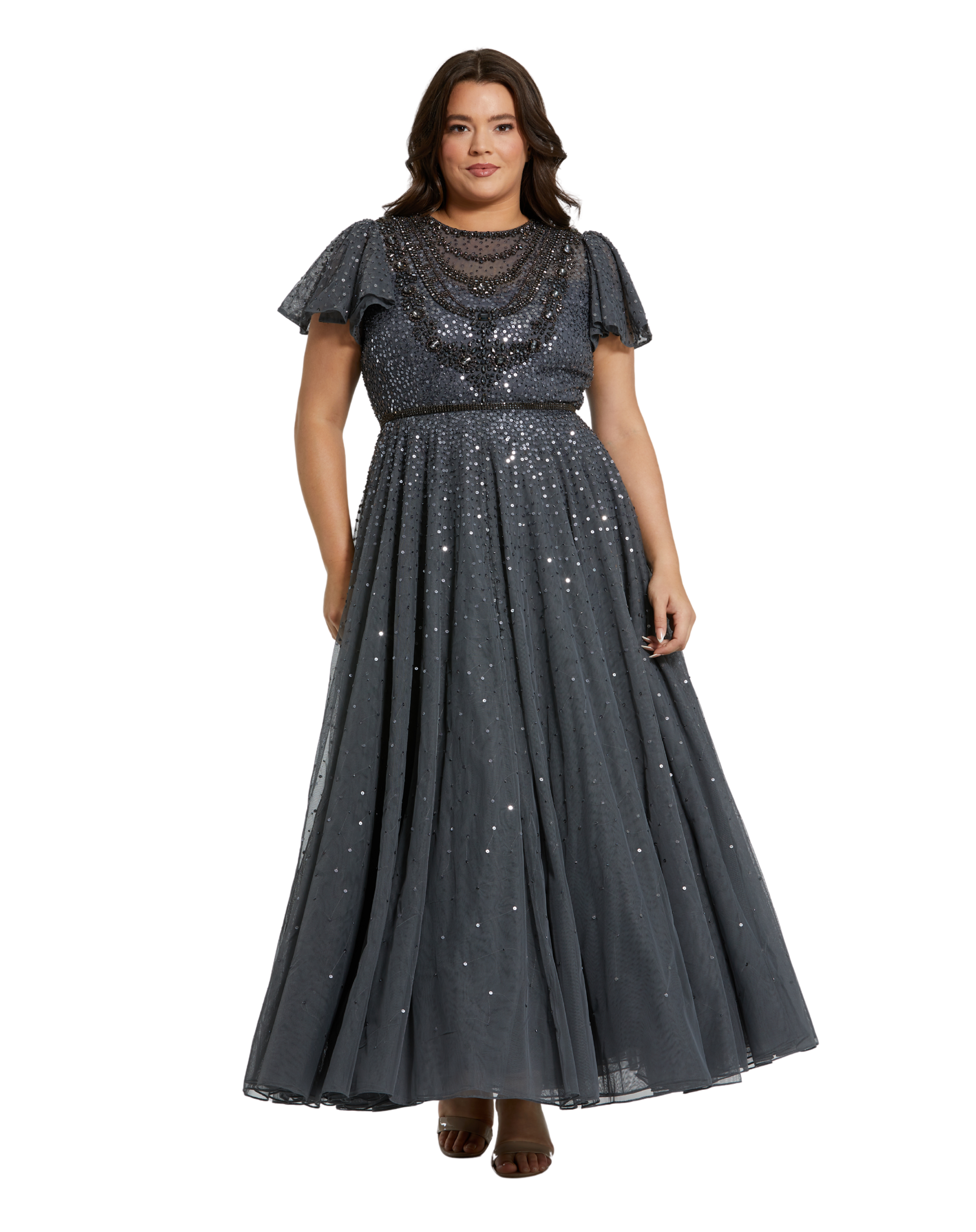 Beaded Flutter Sleeve A-Line Dress Dark Grey