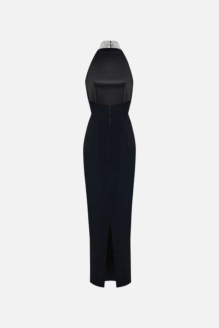 VELVET MAXI DRESS WITH A CRYSTAL EMBELLISHED NECK Rasario 