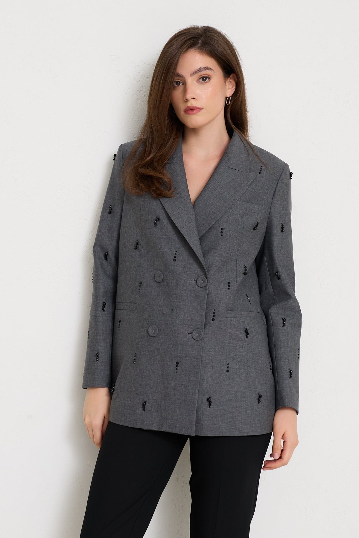 Doppelreihiger Blazer mit Perlen grau